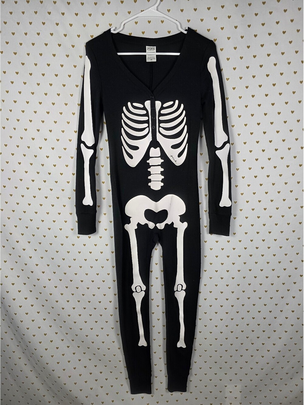 Victoria's Secret PINK Skeleton Thermal Onesie XS Black Halloween Pajamas
